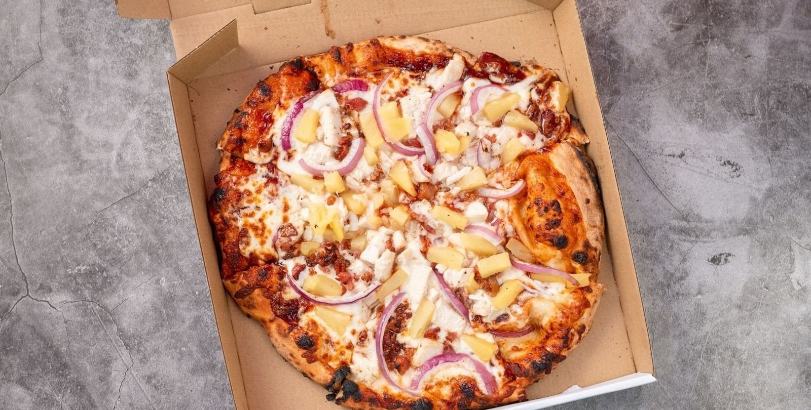 BBQ Chicken Pizza, chicken, bacon, red onion, pineapple, BBQ sauce